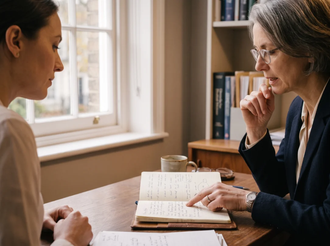 Mãos escrevendo anotações sobre a mesa de trabalho